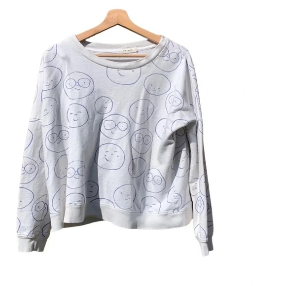Kid kind women's XS white with blue faces sweatshirt, pit to pit 26", length 22" - Picture 1 of 3